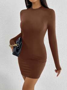 SHEIN PETITE Women Elegant Commuting Solid Bodycon Dress - Brown - View 6