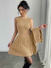 Selianne 2件套女士灰色毛衣裙和开衫套装，秋季 - 卡其色 - 查看 4