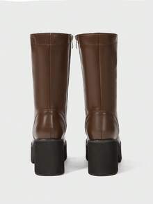 Sugerpunk 女士时尚棕色厚底摩托车中筒靴，街头风格 - 棕色 - 查看 5