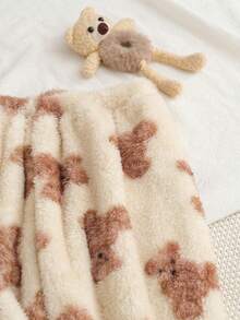 2 件套青少年女孩秋冬双面蓬松可爱卡通熊印花连帽开衫和休闲裤家居服套装 - 杏色 - 查看 6