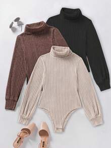 Resyla 3pcs Plus Size Women Solid Color Turtleneck Long Sleeve Ribbed Bodysuit