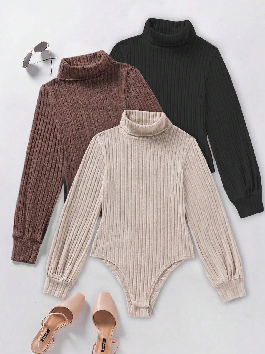 Resyla 3pcs Plus Size Women Solid Color Turtleneck Long Sleeve Ribbed Bodysuit