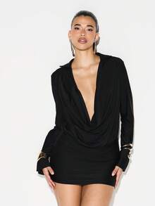 KIZN 修身长袖深V领高领紧身迷你连衣裙晚宴派对 - 黑色 - 查看 5