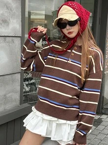 DAZY 青少年女孩条纹落肩长袖高领休闲宽松毛衣，秋冬 - 棕色 - 查看 4