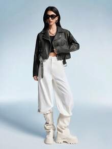 GENKIRA 女士时尚拉链腰带短款机车夹克 - 黑色 - 查看 3