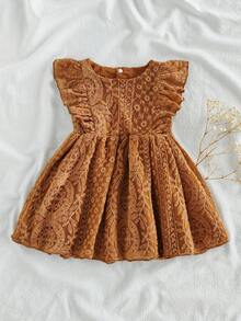 SHEIN Vintaside Kids 女婴杏色梦幻网眼无袖连衣裙，简约风格，适合节日、优雅外出和舒适的居家时刻，春夏季 - 咖啡棕 - 查看 8