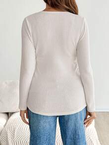 SHEIN Áo thun dài tay quấn chéo trước có gân màu trơn cho con bú - Màu be - Xem 10