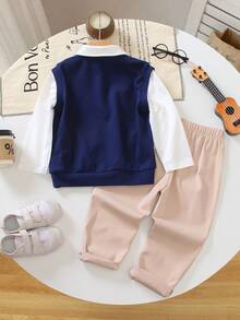 SHEIN 2pcs/Set Young BoyTextured Knit Sweater With Mock Neck And Graphic Tee, Casual Cargo Pants Outfit, Suitable For School, Autumn/Winter