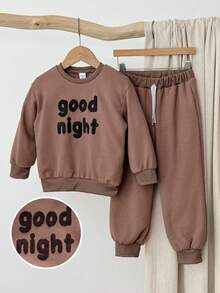 Blossori Young Boys French Elegant Letter Embroidered Crew Neck Long Sleeve Sweatshirt/Jogger Pants Set, Kids Sweat Set,Cozy Fall & Winter Styles - Brown - View 1