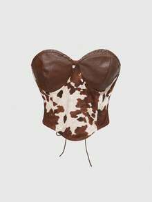 ROMWE Grunge Punk Bộ 2 món áo crop top và quần short mini họa tiết động vật phương Tây cổ điển dành cho nữ - màu nâu - Xem 3