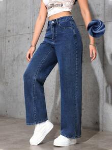 Jeanoix 女式高腰口袋阔腿宽松休闲牛仔裤 - 深色水洗藍 - 查看 5