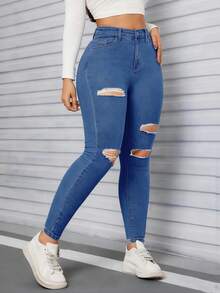 SHEIN PETITE Women's High Waist Pocket Distressed Skinny Casual Versatile Jeans - Blue - View 2