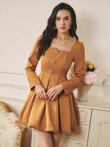 Omancia Women's Asymmetrical Square Neck Short Floral Ruffle Dress, Elegant & Luxurious For Party, Halloween, Thanksgiving, Autumn/Winter, New Year - Brown - View 1