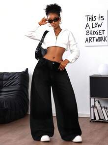 SHEIN ICON Jeans anchos y sueltos de mujer con bolsillo de cruz de rhinestone - Negro - Ver 5