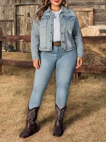 EMERY ROSE Áo khoác denim dài tay dáng suông có túi, chất liệu co giãn, dành cho nữ cỡ lớn mùa đông. - Rửa nhẹ - Xem 5