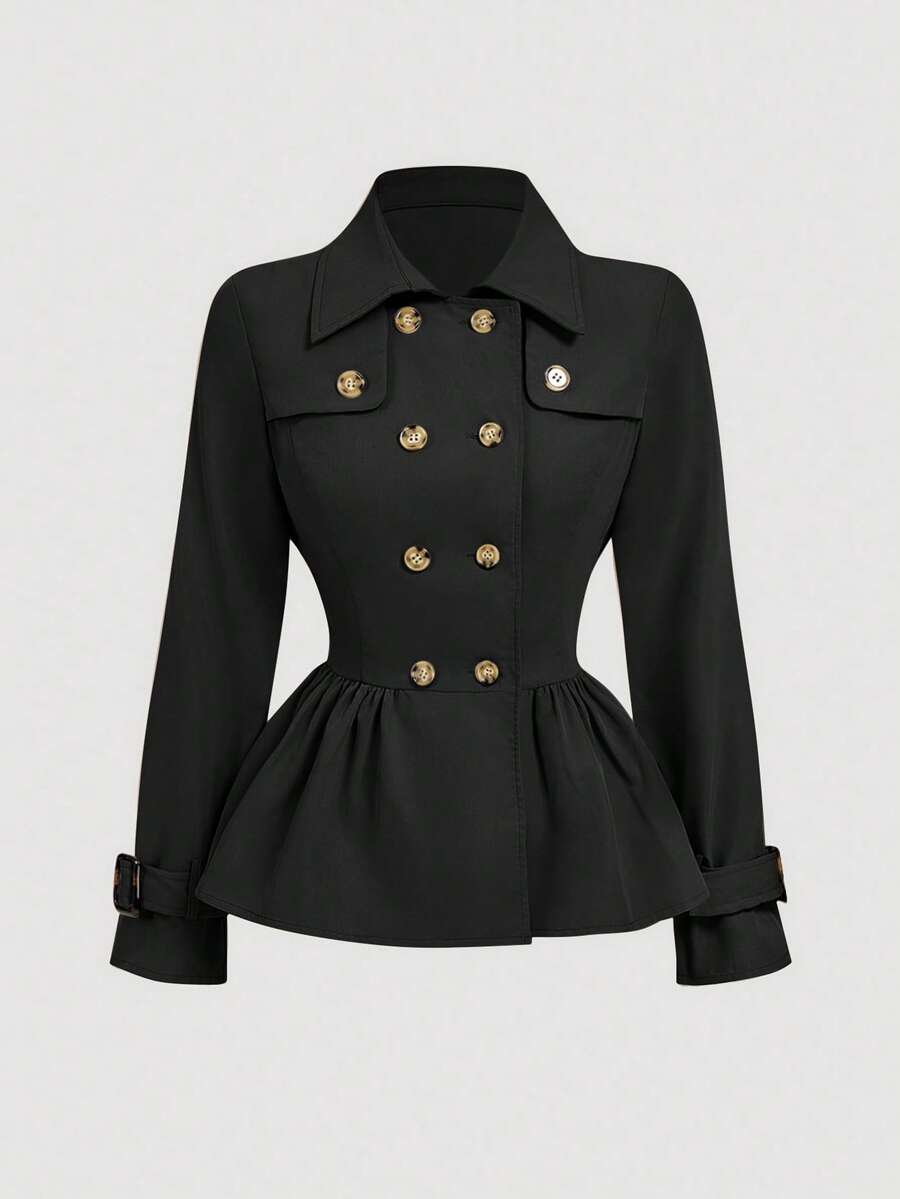 SHEIN MOD 黑色领口风衣，长袖，收腰喇叭下摆，百搭款式，收腰风衣，伞形下摆，黑色风衣，女士风衣，秋冬女士教师装 - 黑色 - 查看 1