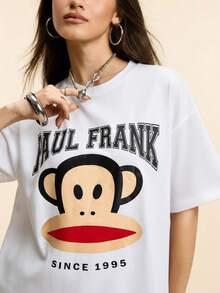 Paul Frank X SHEIN Women's Casual Letter & Monkey Print Short Sleeve T-Shirt, Summer - White - View 5