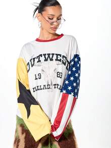 SUMWON WOMEN Outwest Texas Longhorn 短款长袖图案西部美式T恤 - 彩色 - 查看 1