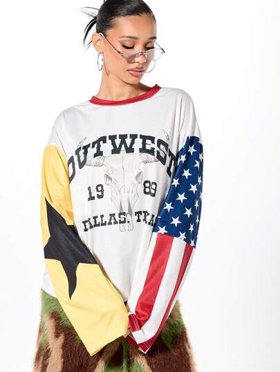 SUMWON WOMEN Outwest Dallas Texas Longhorn Crop Long Sleeve Graphic Western Americana T-Shirt