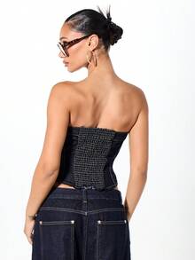 SUMWON WOMEN Áo corset ống quây bằng vải denim màu chàm có chi tiết nút vàng và viền thô - Màu xanh lam - Xem 2