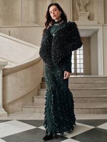 Anewsta Savoree Romantic Elegant High Neck High Waist Fitted Lace Dress, Suitable For Formal Occasions, Winter, Fall - Green - View 3