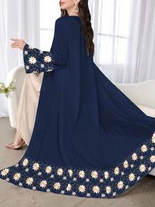 SHEIN Najma 女式花卉植物图案印花海军蓝长袖休闲阿拉伯长袍，春秋季 - 彩色 - 查看 4