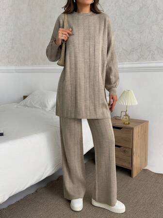 EURMUSE Muted Taupe Textured Knit Co-Ord With Drop-Shoulder Short Sleeve Top And Relaxed Fit Pants Featuring Subtle Vertical Ribbing