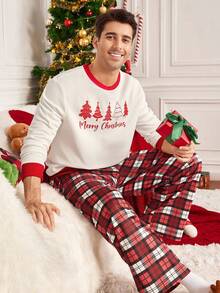 Manfinity RelaxMax 1 套男士圣诞字母和圣诞树印花 Ringer 运动衫和格子宽松裤，家庭装 - 紅白色 - 查看 3