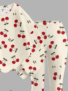 SHEIN Leap Crew Tween Girl 樱桃印花套头衫和喇叭裤套装，休闲日常通勤时尚，春秋季 - 彩色 - 查看 5