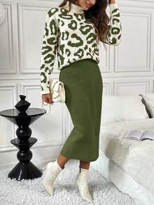 SHEIN LUNE Set de 2 piezas de suéter elegante de punto ajustado con estampado de leopardo - Verde - Ver 6