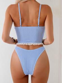 Swim Basics 女式条纹蕾丝边下摆吊带背心和比基尼泳装套装 - 藍白色 - 查看 2