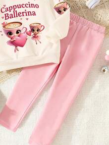 SHEIN 2 pezzi/set Outfit casual e alla moda per bambine e ragazze, con stampa grafica di tazza e ballerina, felpa girocollo beige e leggings neri, completo caldo e confortevole personalizzato per giovani ragazze in autunno/inverno - Multicolore - Visualizzare 4
