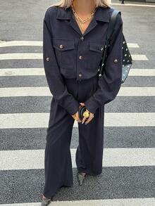 DAZY 女士街头风时尚长袖纽扣连体裤 - 藍色 - 查看 5