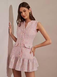 Romantic Pink Floral Tweed Dress With Tassels And Delicate Pearl Button Embellishments Is A Cute, Sleeveless Princess-Style Mini Dress Perfect For Autumn And Winter. Stylish And Elegant, It's Suitable For Parties, Dates, Holidays, Graduations, The Office, Outings, Halloween, Christmas, And Other Occasions. Also Suitable For Autumn Women's Wear, Autumn Outfits, Autumn Suits, Carnivals, And New Year's Women's Wear. - Pink - View 6