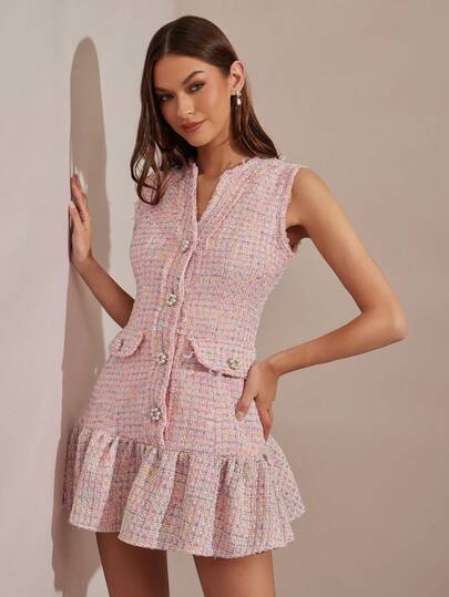 Enchnt Romantic Pink Floral Tweed Dress With Tassels And Delicate Pearl Button Embellishments Is A Cute, Sleeveless Princess-Style Mini Dress Perfect For Autumn And Winter. Stylish And Elegant, It's Suitable For Parties, Dates, Holidays, Graduations, The Office, Outings, Halloween, Christmas, And Other Occasions. Also Suitable For Autumn Women's Wear, Autumn Outfits, Autumn Suits, Carnivals, And New Year's Women's Wear.