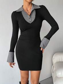 SHEIN Tall Gestricktes College-Stil Schwarz & Weiß Karomuster Patchwork Mini-Kleid für Frauen