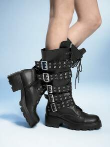 Sugerpunk Botas de fiesta y club de uso diario con cremallera lateral, puntera redonda, plataforma, suela gruesa, decoración de ojal y tela de PU negra - Negro - Ver 5
