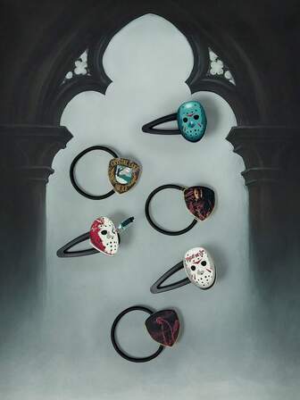 Friday the 13th X ROMWE 6 piezas Colaboración Clips para el cabello y ligas de acrilico sin costuras con temática de películas de terror gótico oscuro