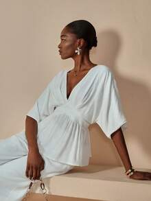 JIAN LASALA V领蝙蝠袖喇叭下摆亚麻混纺纯色女式上衣，秋季优雅休闲度假奢华时尚服装系列，白色 - 白色 - 查看 5