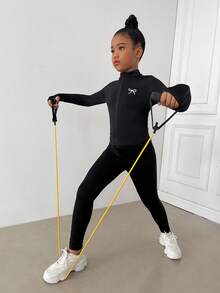 SHEIN Bộ đồ thể thao dệt kim cổ bẻ màu đen cho bé gái tuổi teen kèm quần legging, bộ đồ thể thao, bộ đồ thể thao thường ngày, bộ đồ chạy bộ - màu đen - Xem 4