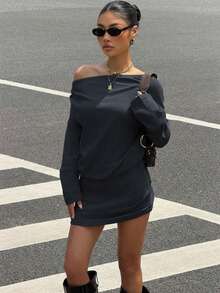 Muchica 女式秋季新款深灰色羊毛斜领长袖紧身连衣裙