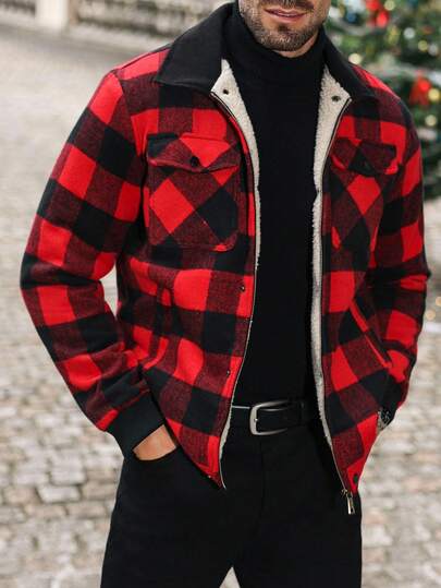 Manfinity Homme معطف رجالي كاجوال أكمام طويلة وحيد الصدر مبطن حراري بياقة مبطنة بالفليس، معطف منقوش خريفي/شتوي للرجال، قمصان منقوشة للرجال شتاء للرجال خريف للرجال، معطف مبطن بالصوف للرجال