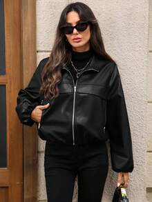 EMERY ROSE 女式纯色灯笼袖拉链前开 PU 皮夹克，秋季 - 黑色 - 查看 8