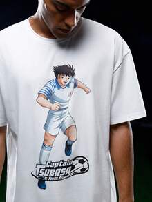 Captain Tsubasa X SHEIN 男士卡通足球运动员和字母图案宽松 T 恤和裤子休闲睡衣套装，夏季 - 黑與白 - 查看 5