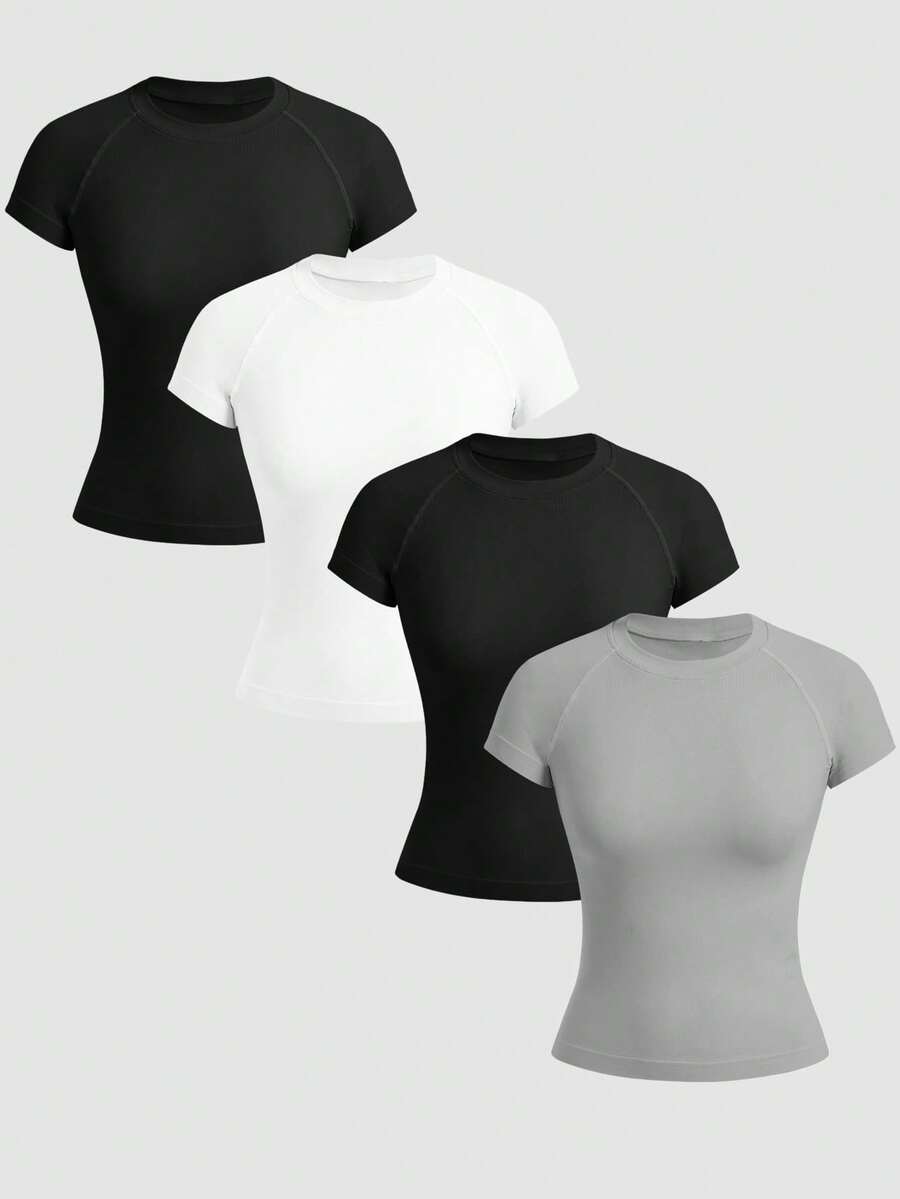 Gameset SHEIN Sport Women's Solid Color Crew Neck Raglan Short Sleeve Seamless Sports T-Shirt - Multicolor - View 1