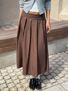 SHEIN EZwear 棕色女式条纹褶皱休闲/工作裙 - 棕色 - 查看 5