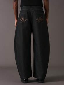 STYNVO Men's Letter Embroidered Pocket Wide Leg Loose Casual Pants Jeans Wide Leg Graphic Jeans Western Pants Baggy Jeans - Black - View 2