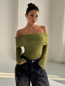 FavEase 秋冬款厚款露肩高领长袖紧身衣 - 綠色 - 查看 5