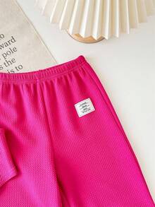 SHEIN Baby Girls Cute Knit Pink Tank Top And Elastic Waist Pants 2 Pieces Set, Summer