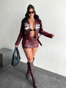 SHEIN SXY Burgunderrote Jacke mit Buchstaben-Muster, figurbetont, mit Reißverschluss, Herbst-Winter-Kleidung für Frauen